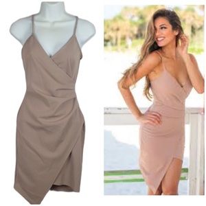 V neck, wrap, asymmetrical rushed mocha color dress